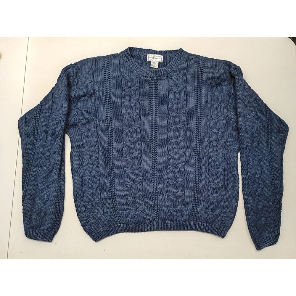 Vintage Weston Wear Cable Knit Sweater Women Sz L Blue Padded Shoulders Crew